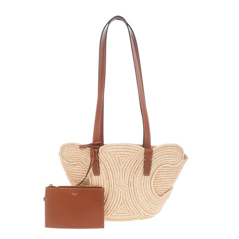 CELINE 新款TRIOMPHE CELINE編織拉菲草拼牛皮手提竹籃包 (黃褐色)
