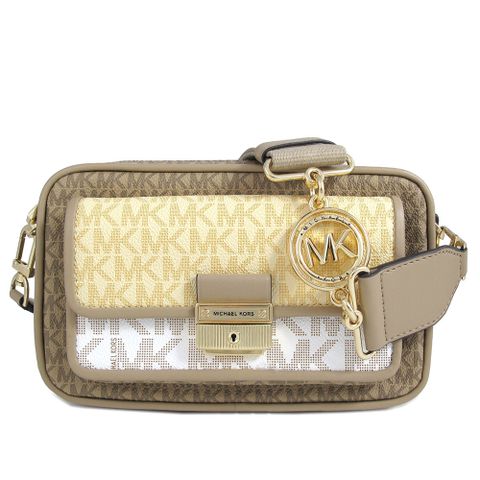 Michael Kors BRADSHAW 金鎖頭奶黃色防刮滿版MK寬帶相機斜背包
