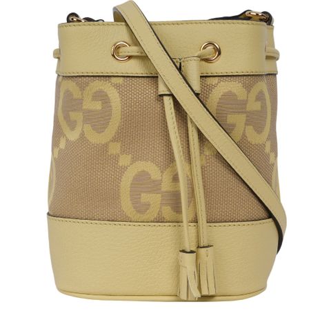 GUCCI 古馳 Jumbo GG Logo Ophidia 水桶斜背包(Mini)(駝色/香蕉黃)