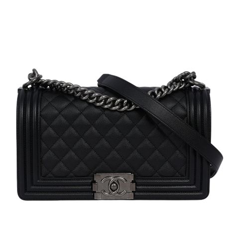 CHANEL 香奈兒 荔枝牛皮菱格紋銀釦 Boy Chanel 25cm(黑色)
