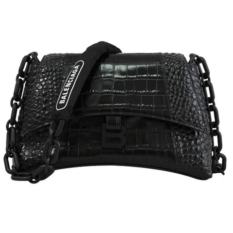 BALENCIAGA 巴黎世家 Downtown 鱷魚壓紋牛皮翻蓋肩斜背包.黑