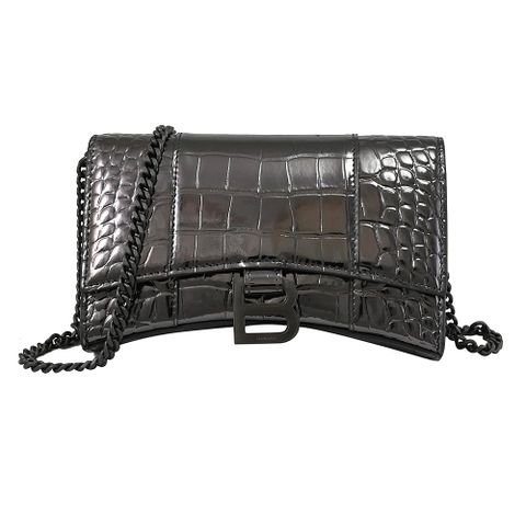BALENCIAGA 巴黎世家 Hourglass 鱷魚壓紋小牛皮WOC斜背鍊包.金屬黑