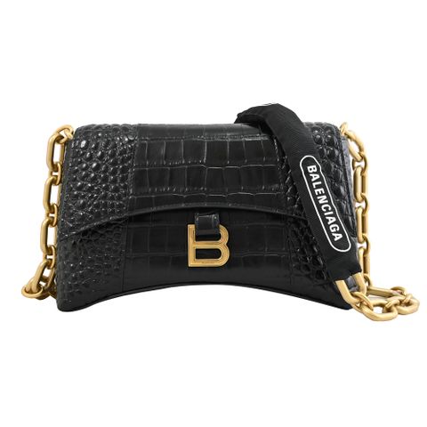 BALENCIAGA 巴黎世家 Downtown XS 鱷魚壓紋牛皮翻蓋肩斜背包.黑/金