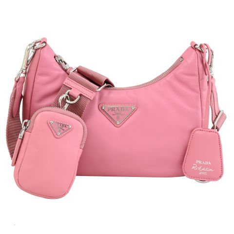 PRADA 1BH204 經典LOGO納帕軟皮二合一拉鍊斜背包.粉