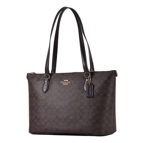 COACH 蔻馳 緹花LOGO防刮後拉鍊置物托特包-咖啡色