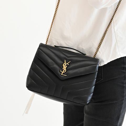 YSL LOULOU 翻蓋雙層斜背包.黑/金