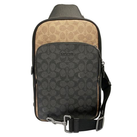 COACH 蔻馳 新款C LOGO男款單肩胸前斜背包(焦糖/黑灰)