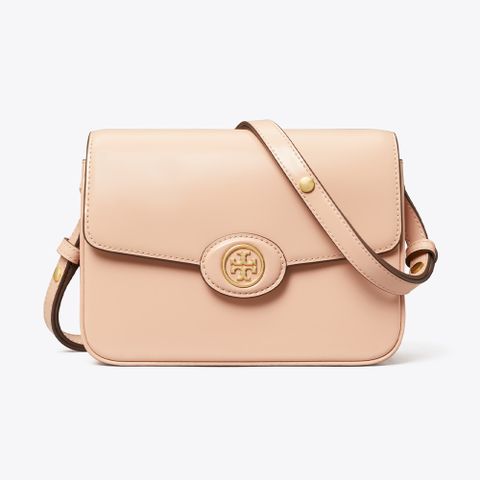 【Tory Burch】專櫃經典款 漆皮翻蓋簡約經典雙T LOGO斜背包/側背包(粉紅色)