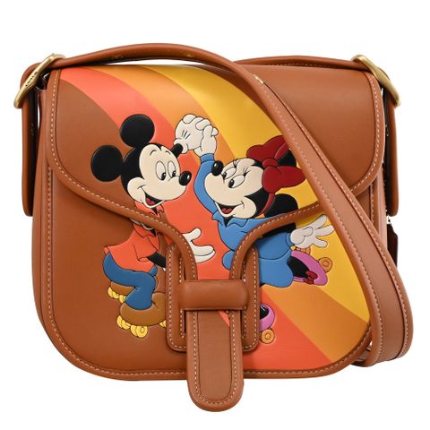 COACH 蔻馳 DISNEY聯名 米奇米妮壓紋皮革翻蓋斜背包.咖