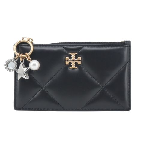 TORY BURCH KIRA 鑽石絎縫吊墜拉鍊卡片零錢包-黑