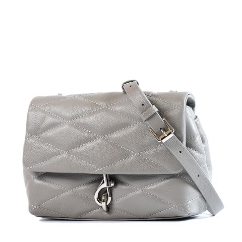 Rebecca minkoff Edie 彈簧釦真皮絎縫菱格磁釦翻蓋斜背包-灰色/小