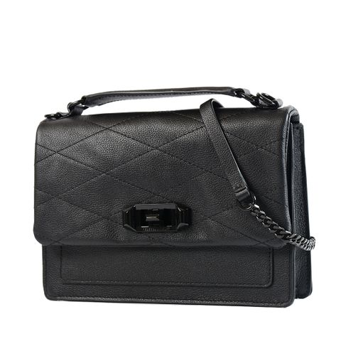 Rebecca minkoff Je Taime 真皮菱格旋鈕翻蓋手提/斜背二用包-黑色/中