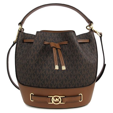 MICHAEL KORS REED 金字MK腰帶配飾咖啡色防刮滿版水桶兩用包(中款)