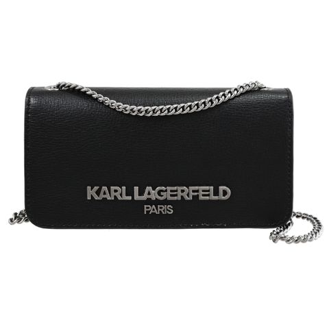 KARL LAGERFELD 卡爾 經典金屬LOGO翻蓋斜背小鍊包.黑