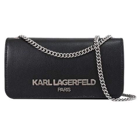 KARL LAGERFELD 卡爾 經典金屬LOGO翻蓋斜背小鍊包.黑