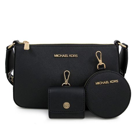 MICHAEL KORS JET SET TRAVEL 金字LOGO黑色防刮皮革三合一寬帶斜背包