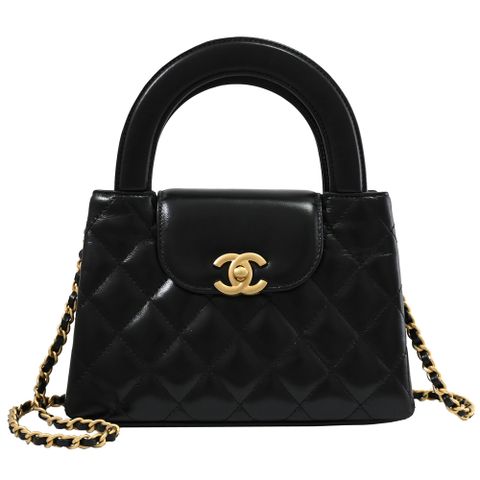 CHANEL 香奈兒 KELLY 雙C LOGO小牛皮迷你兩用鍊包.黑/金