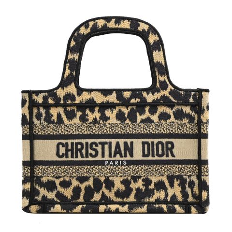 Dior 迪奧 Book Tote Mini 豹紋緹花手提小托特包.黑邊