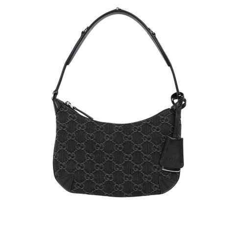 GUCCI 古馳 Horsebit GG Logo 牛仔布窄版彎月肩背包(黑色)