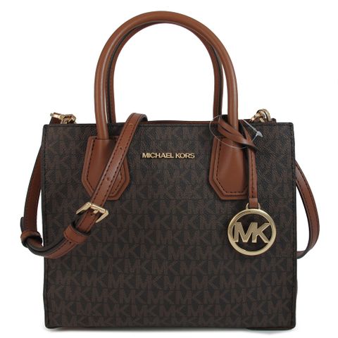 MICHAEL KORS MERCER 金字LOGO咖啡色防潑水滿版三層兩用包