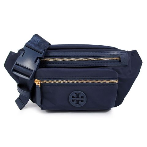 TORY BURCH 深藍色皮革LOGO層拉鍊防潑水尼龍腰胸包