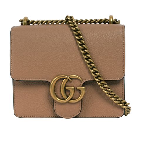 GUCCI Marmont 金色標誌粒紋皮革肩背/斜背二用鍊包(裸粉色)