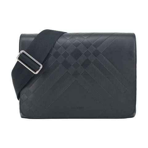 BURBERRY Embossed 印壓格紋小牛皮郵差包(黑色)
