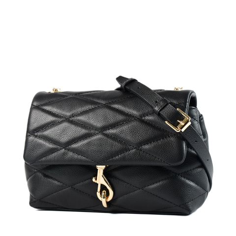 Rebecca minkoff Edie 彈簧釦真皮絎縫菱格磁釦翻蓋斜背包-金釦黑