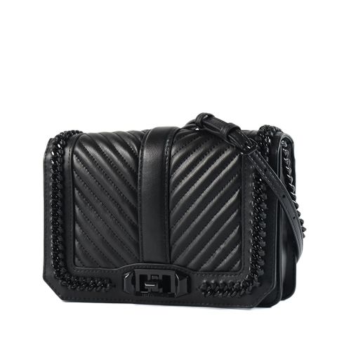 Rebecca minkoff LOVE 鍊帶飾邊翻蓋旋鈕斜背包-黑釦黑/小