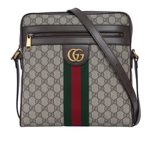 GUCCI Ophidia 綠紅織帶中款郵差包/斜背包(米色/烏木色)
