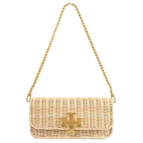 TORY BURCH 148609 Eleanor 柳編造型翻蓋單肩鍊包.淺褐邊