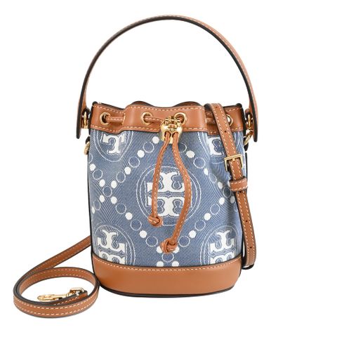 TORY BURCH 159638 T Monogram 緹花布拼接兩用水桶包.藍/咖邊