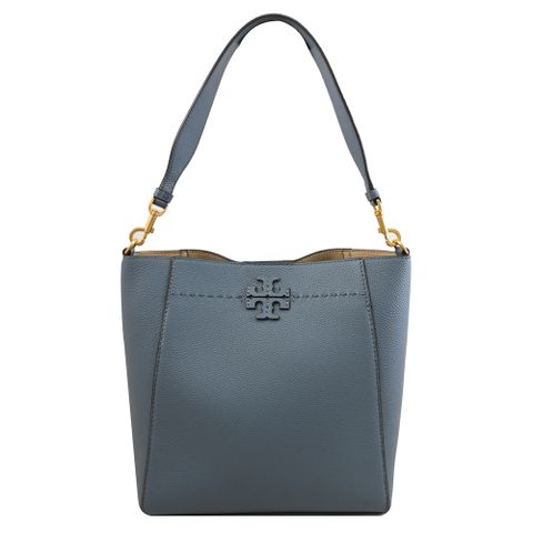 TORY BURCH 73338 經典LOGO荔枝皮革肩背水桶包.藍