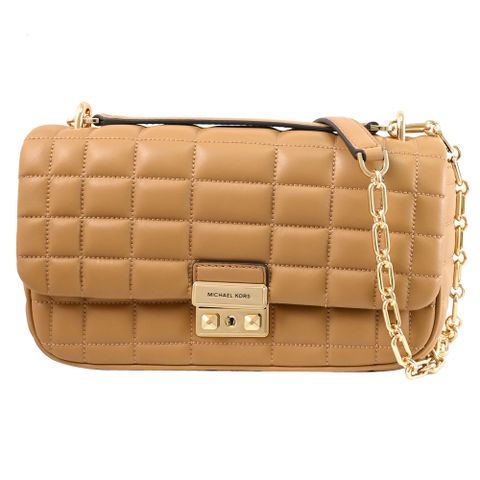 MICHAEL KORS TRIBECA 質感車線皮革翻蓋肩斜鍊包.淺咖