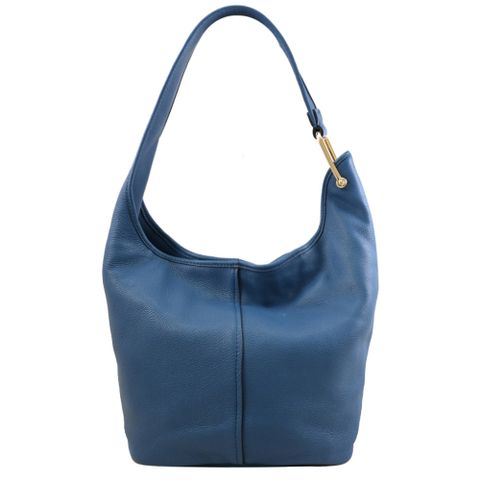 MICHAEL KORS SONNY 經典LOGO荔枝皮革單肩背包.牛仔藍