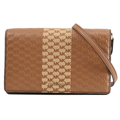 MICHAEL KORS JET SET 經典印花壓紋翻蓋斜背包.咖