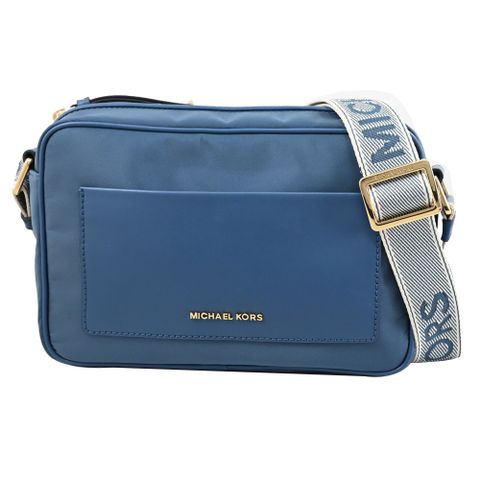 MICHAEL KORS JET SET 經典金屬LOGO尼龍斜背包.牛仔藍