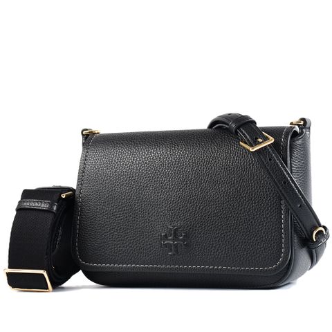 TORY BURCH THEA 荔枝紋雙背帶翻蓋斜背包-黑色