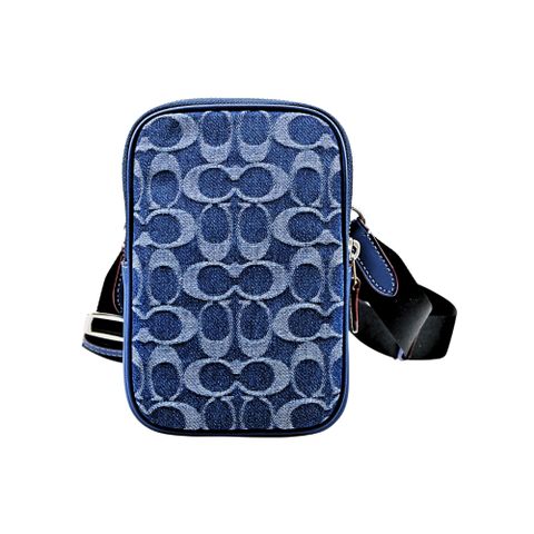 COACH LOGO織紋布面拼接皮革A6方型斜背包/手機包(小款/丹寧藍C)