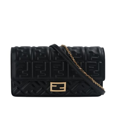 FENDI Baguette FF Logo 浮雕納帕皮革二用皮夾式鍊包/WOC (黑色) 8M0498 AAJD F0KUR