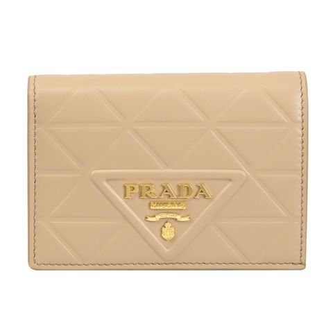 PRADA 1MV021 浮雕LOGO三角壓紋對開零錢短夾.沙色