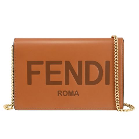 FENDI 芬迪 經典烙印LOGO小牛皮翻蓋WOC金鍊帶包.咖