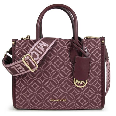 MICHAEL KORS MIRELLA 緹花金絲LOGO牛血紅色牛皮滾邊寬帶托特兩用包(小)