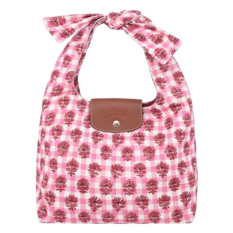 LONGCHAMP LE PLIAGE系列滿版格紋印花棉質帆布蝴蝶結肩背包(中/暈紅)
