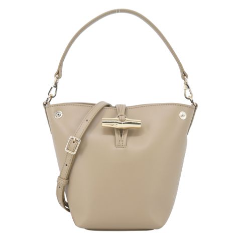 LONGCHAMP LE ROSEAU系列金屬竹節滑面小牛皮兩用水桶包(迷你/香草)