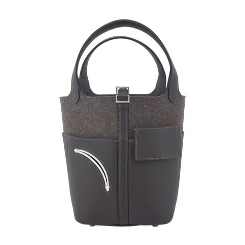 HERMES 愛馬仕 Picotin Lock Go Team 18CM AA SWIFT 牛皮拼毛氈桶包(黑色/烏木/W刻/銀釦)