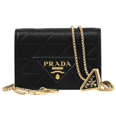 PRADA 1MR024 浮雕LOGO壓紋斜背鏈帶卡片零錢包/小廢包.黑