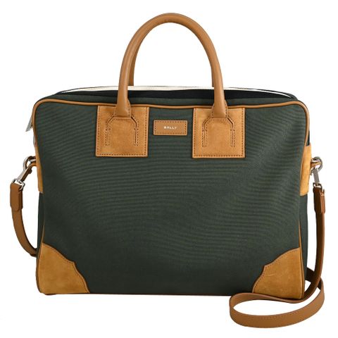 BALLY 6306296 BORD 燙印LOGO帆布拼接兩用公事包.綠/咖邊
