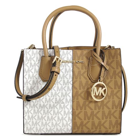 MICHAEL KORS MERCER 金色Logo香草白X鹿棕色防刮滿版三層兩用包