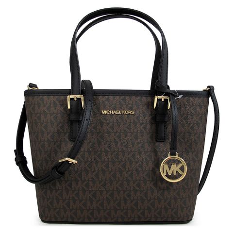 MICHAEL KORS JET SET TRAVEL 金字LOGO咖啡黑色防刮滿版兩用小托特包